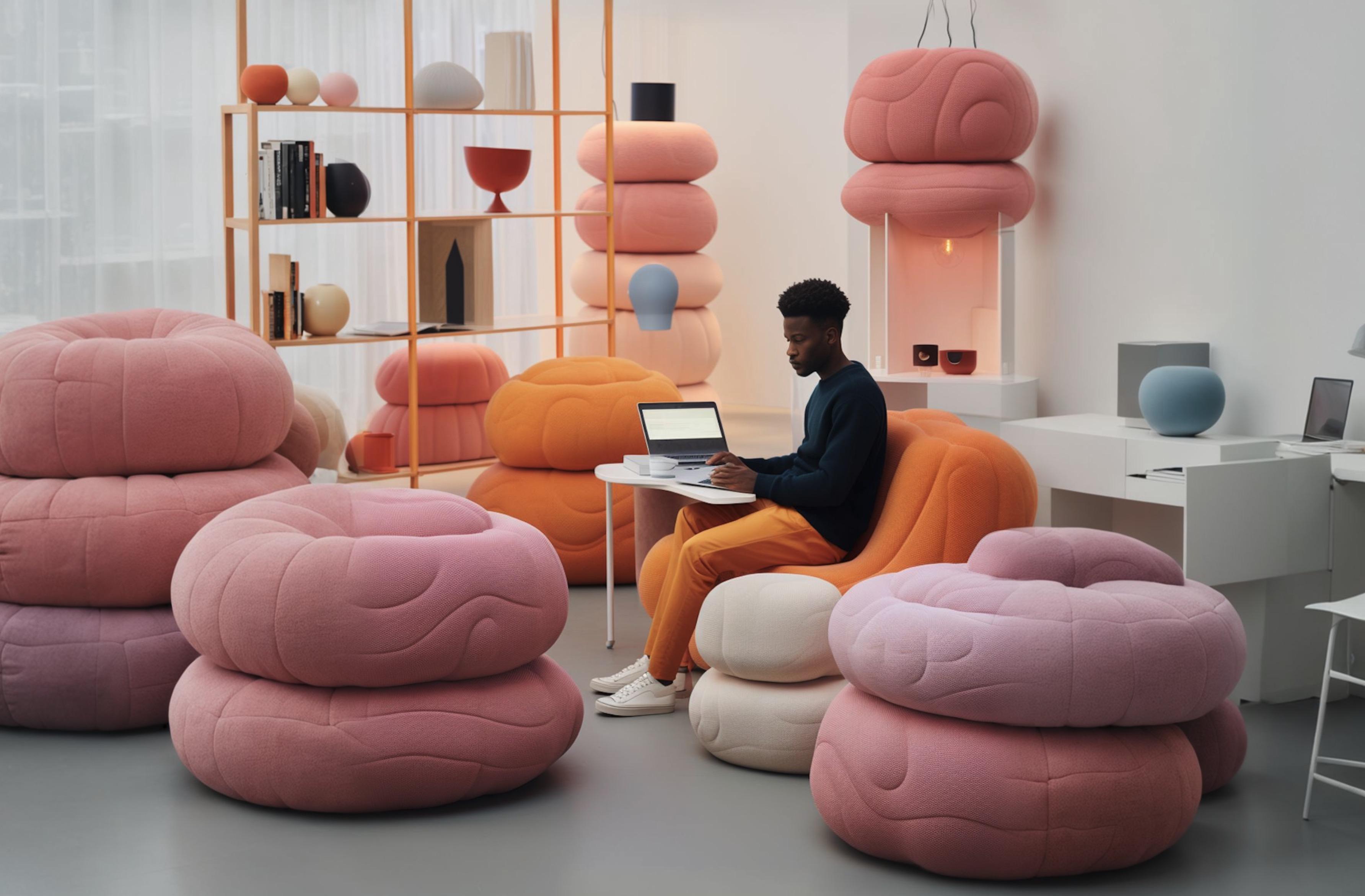 An office landscape filled with enormous pink, donut-shaped pillows. Among the pillows, a man sits at a tiny desk, making hand gestures. Next to him is an open laptop, which he is not using.