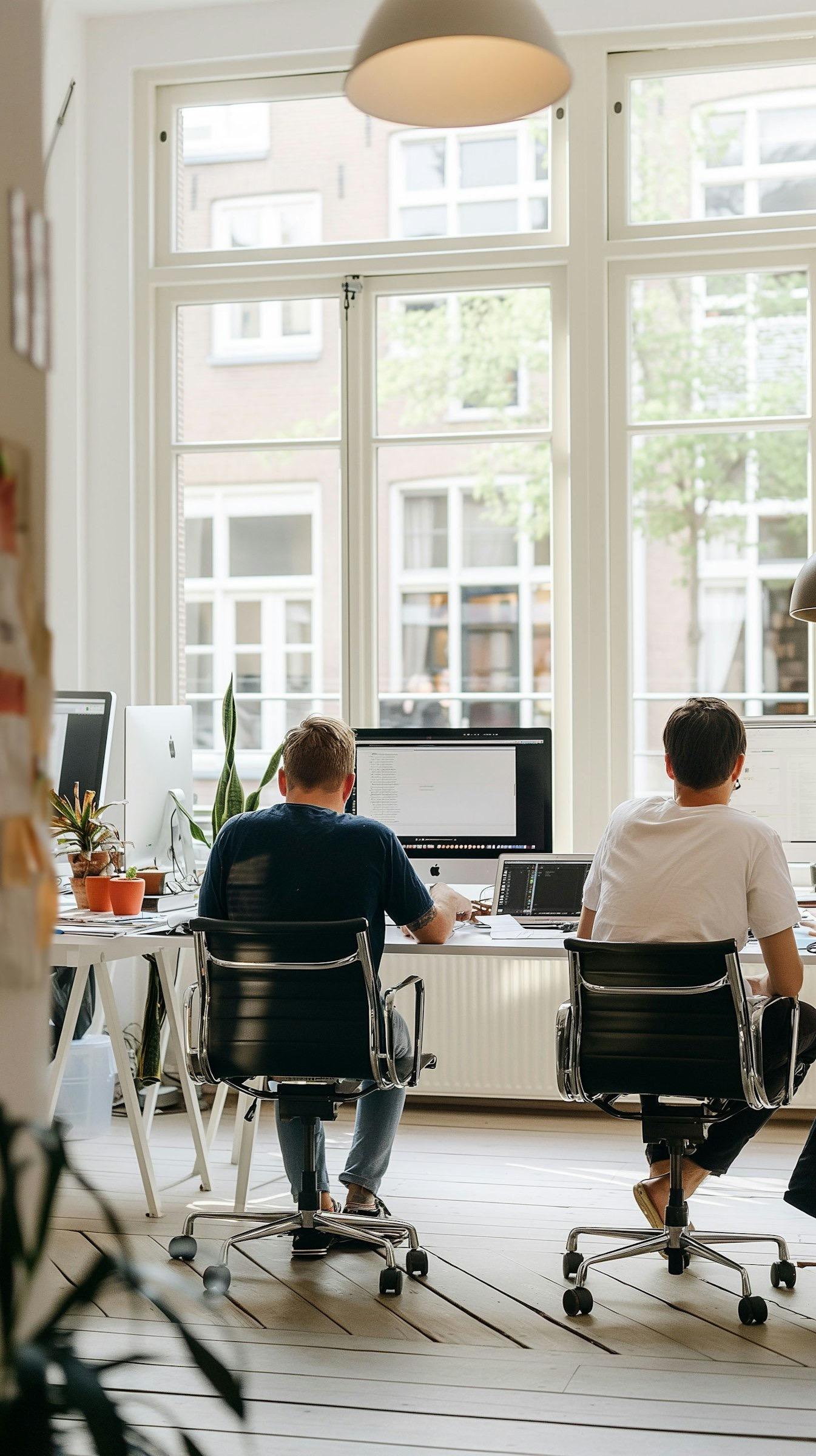 Two men sitting next to each other, each in front of a monitor. The table is positioned in front of a window and the weather outside is sunny.