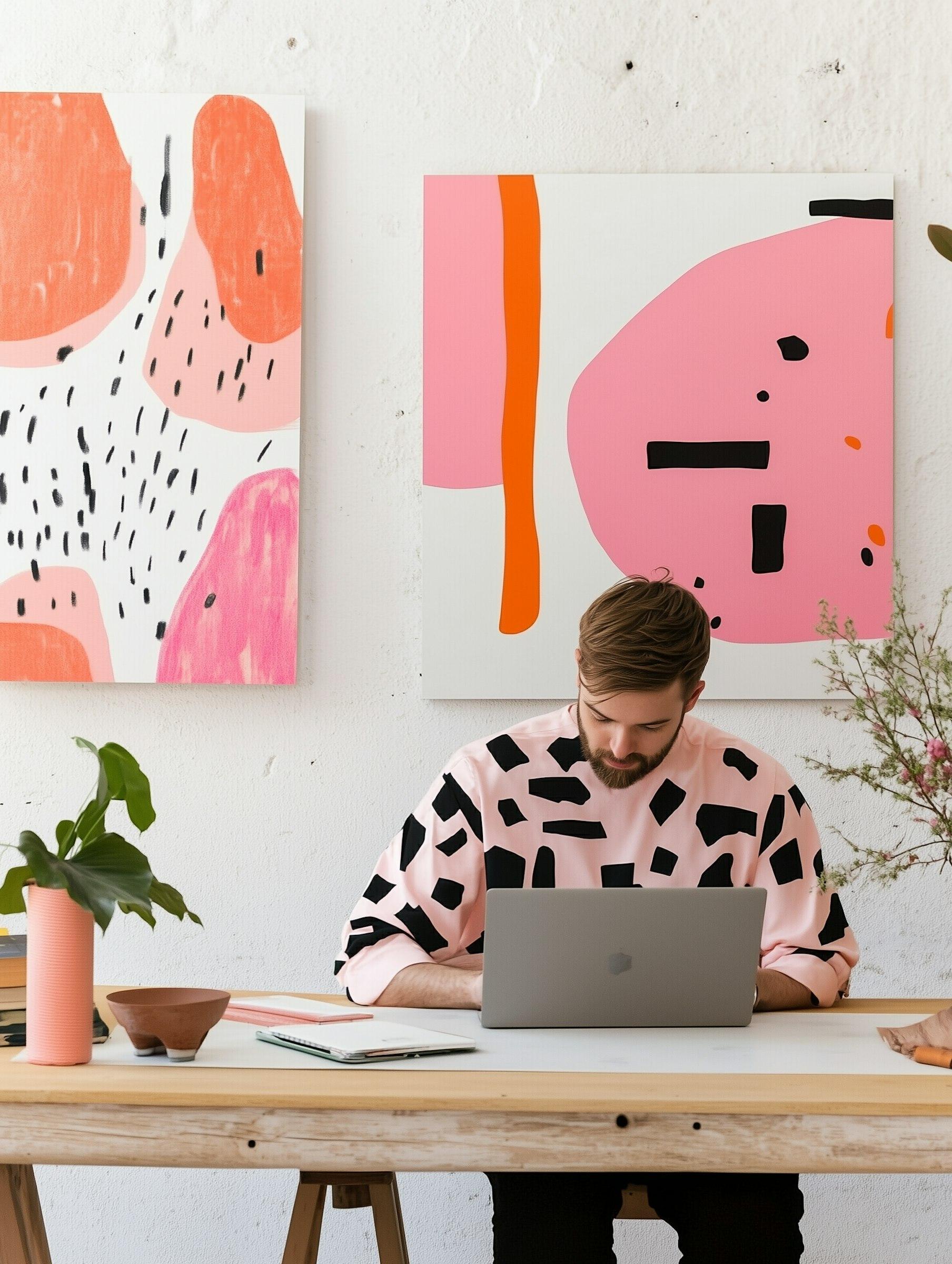 A man sitting at a desk with his laptop, deeply focused on his work. Behind him on the wall, two abstract paintings are hanging.